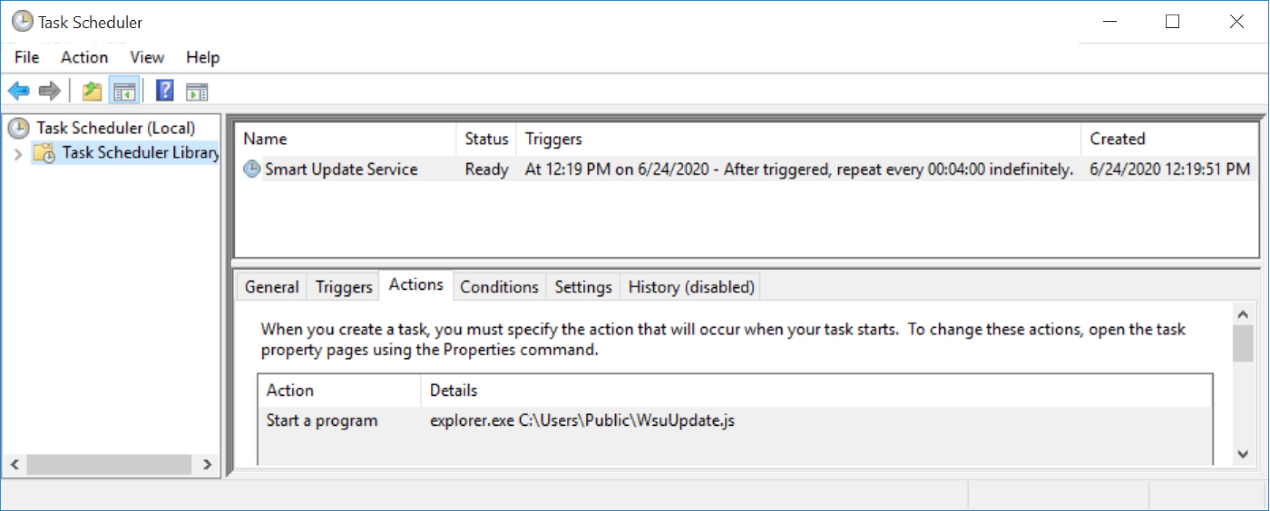 The screenshot shows the context of a scheduled task that keeps the Valak infection persistent. Some of the text reads: "Smart Update Service - After triggered, repeat every 00:04:00 indefinitely."