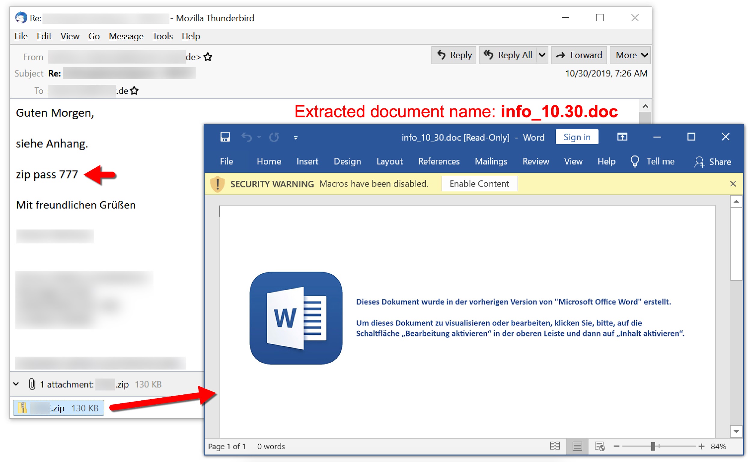 Screenshot reads: "Guten Morgen, siehe Anhang." It continues by offering a zip password and closeout. The extracted document, info_10.30, opens with a message attempting to trick the user into enabling macros.