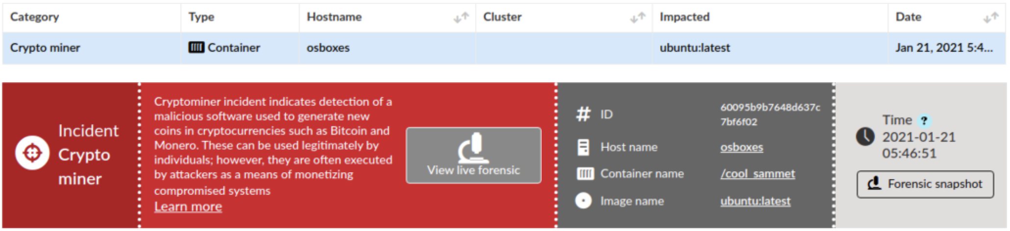 Prisma Cloud also protects against Hildegard through its Cryptominer Detection feature. The screenshot shows an example of the software alerting on a crypto mining incident.