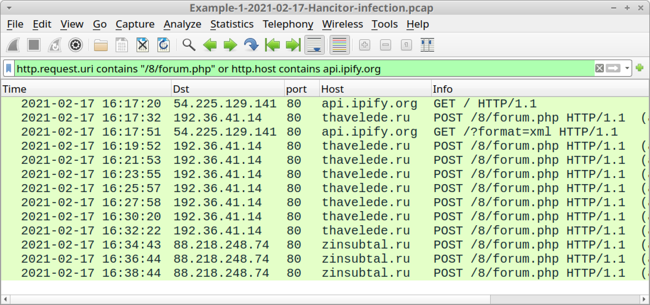 The screenshot shows how the Wireshark column display should appear after using a filter that searches for Hancitor-specific traffic using known indicators of Hancitor.