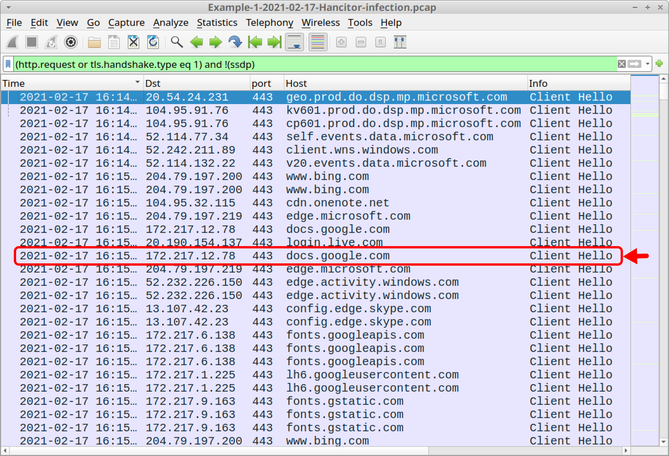 A red box indicates the line that shows HTTPS traffic to docs.google.com in the pcap.