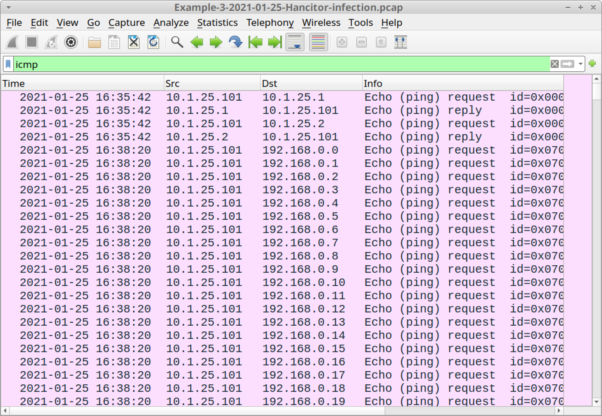 The screenshot displays an example of how ICMP traffic from a network ping tool sent through Cobalt Strike should look after you apply the Wireshark filter icmp to the example pcap.