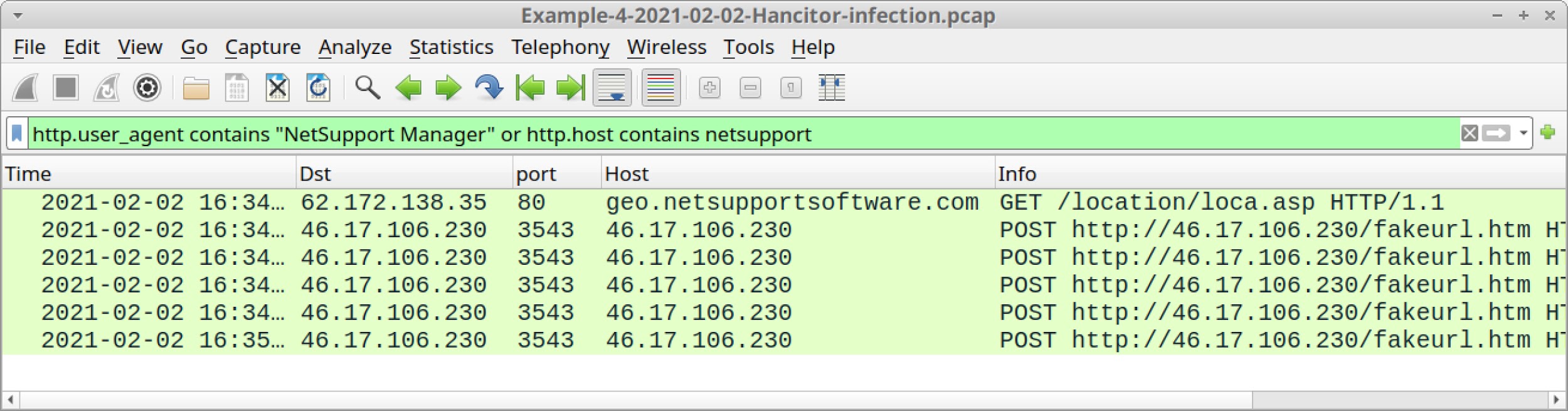 This is an example of how traffic generated by NetSupport Manager RAT should appear in Wireshark after being surfaced by the suggested "NetSupport Manager" filter.