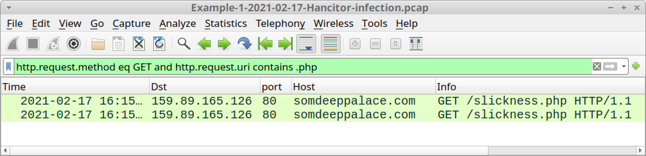 The image shows the results of identifying the malicious URLs by using a Wireshark filter.