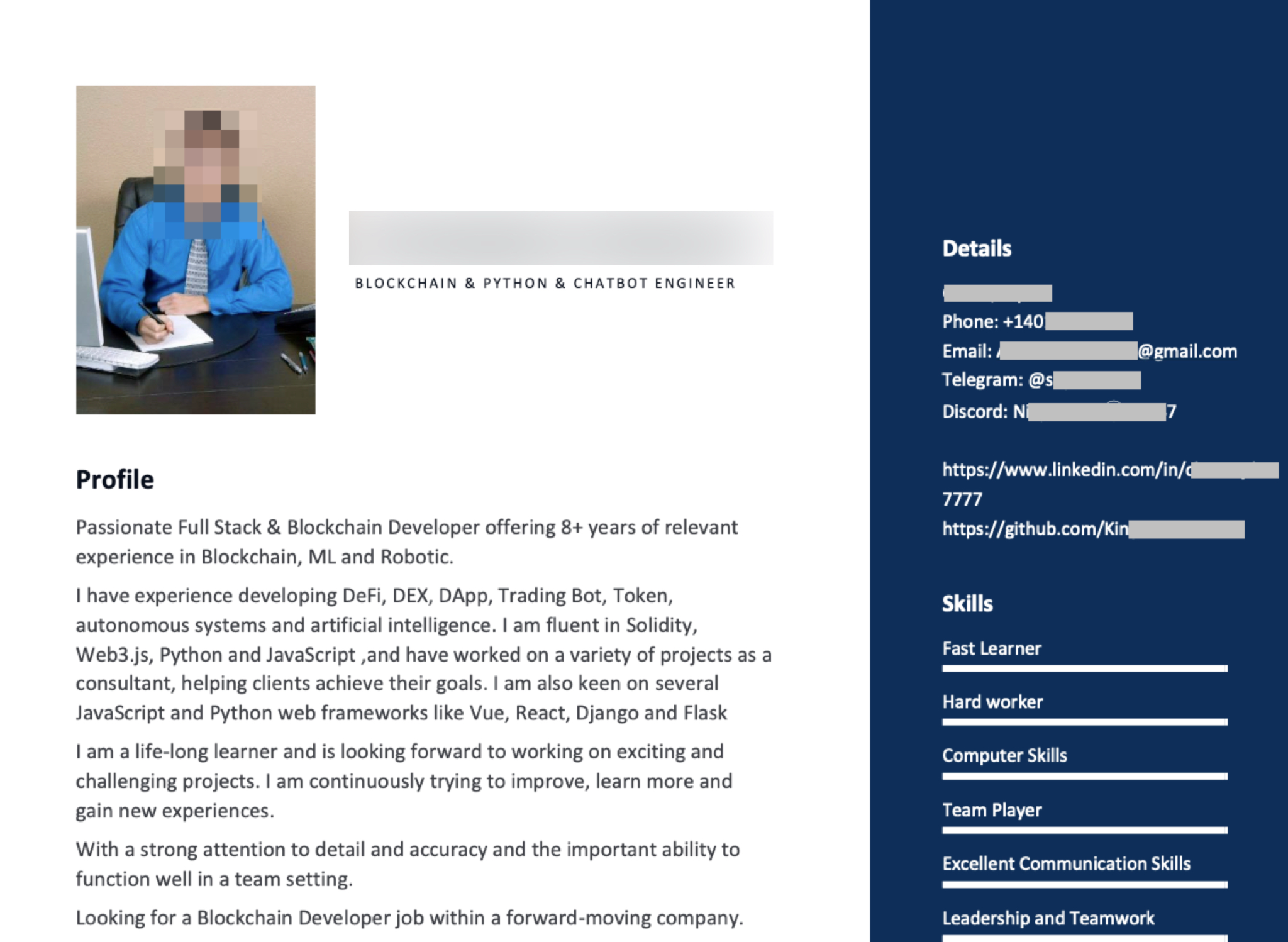Image 9 is an example resume with some information redacted including the face of the job seeker. There is a list of skills and a full profile where the seeker indicates they want a blockchain developer role.