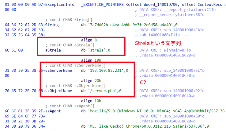 画像 10 は、StrelaStealer 文字列とそのマルウェア構成に定義されている C2 のスクリーンショットです。StrelaStealer の文字列は赤い四角で示されていて、C2 はその下に示されています。