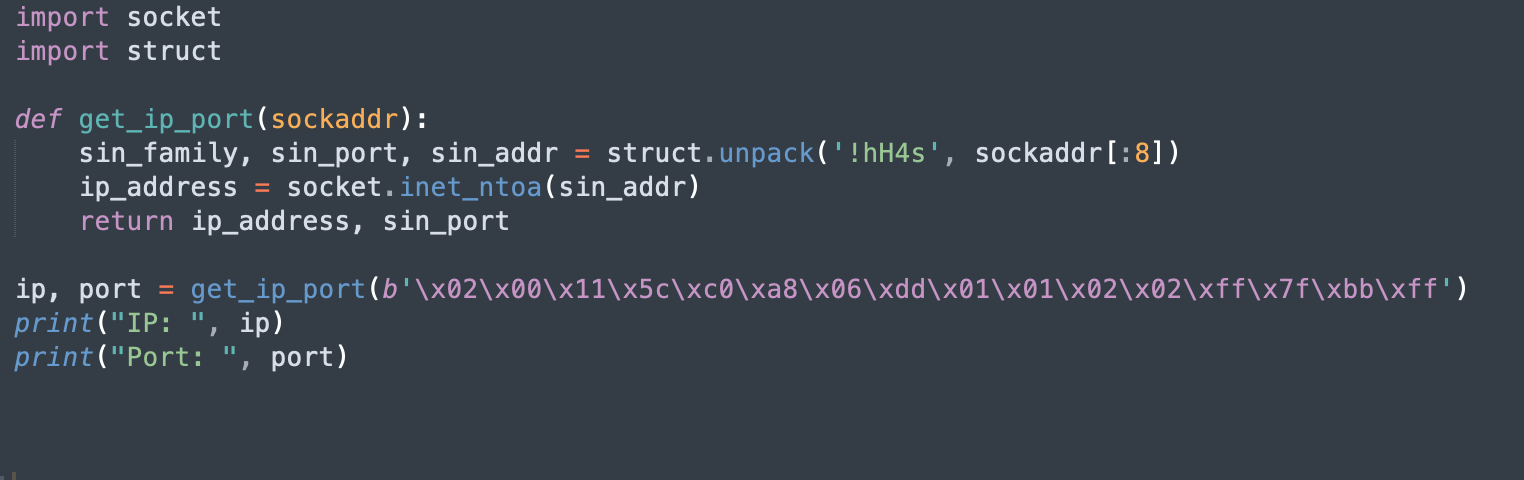 Image 14 is a screenshot of Python code unpacking sockaddr_in contents.