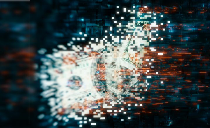 A pictorial representation of RA World ransomware group. A digital graphic of a U.S. dollar bill disintegrating into pixels, symbolizing digital transformation or the concept of cryptocurrency against a backdrop of a dark, tech-inspired visual theme.