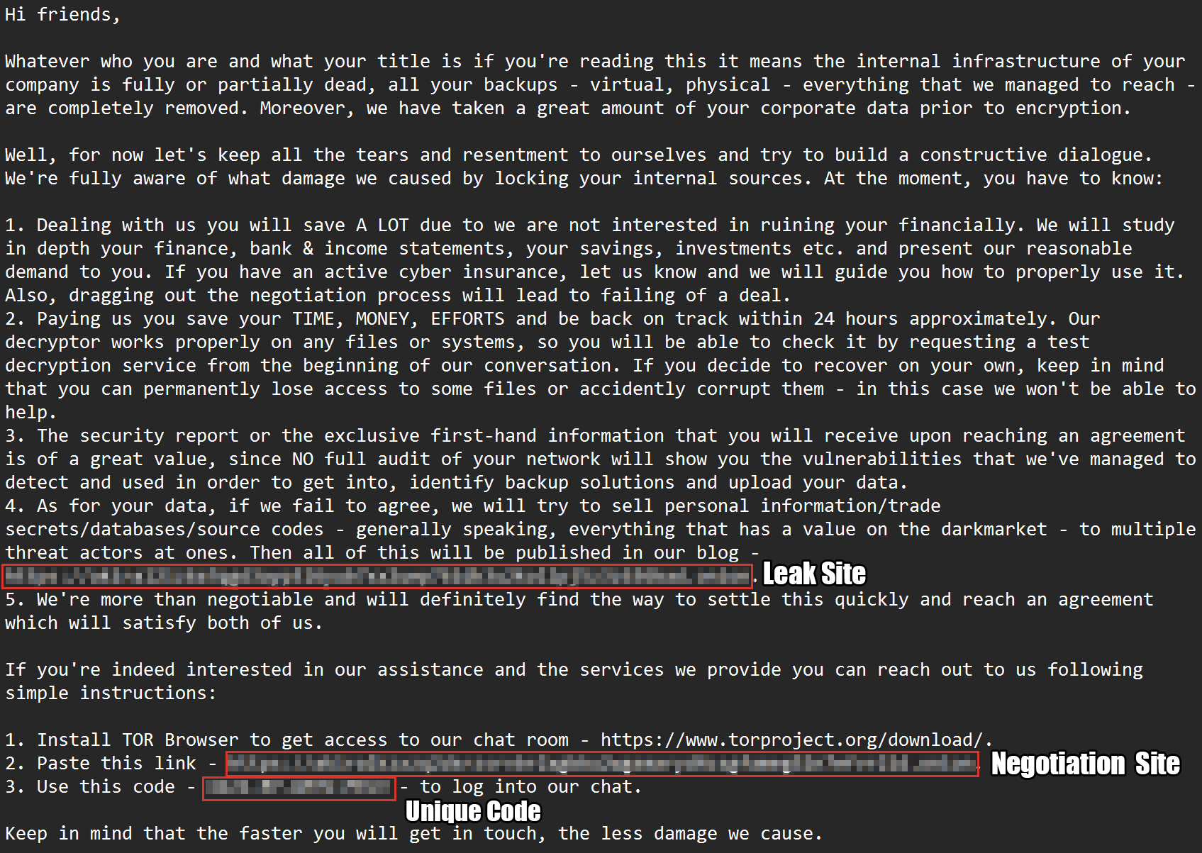 Screenshot of a cyberattack ransom demand note displayed on a computer screen, featuring a block of text with various instructions and threats, including a link and an unique code for further actions. Two red boxes highlight the leak site address and then the negotiation site and the end user's unique code, with redactions as necessary.