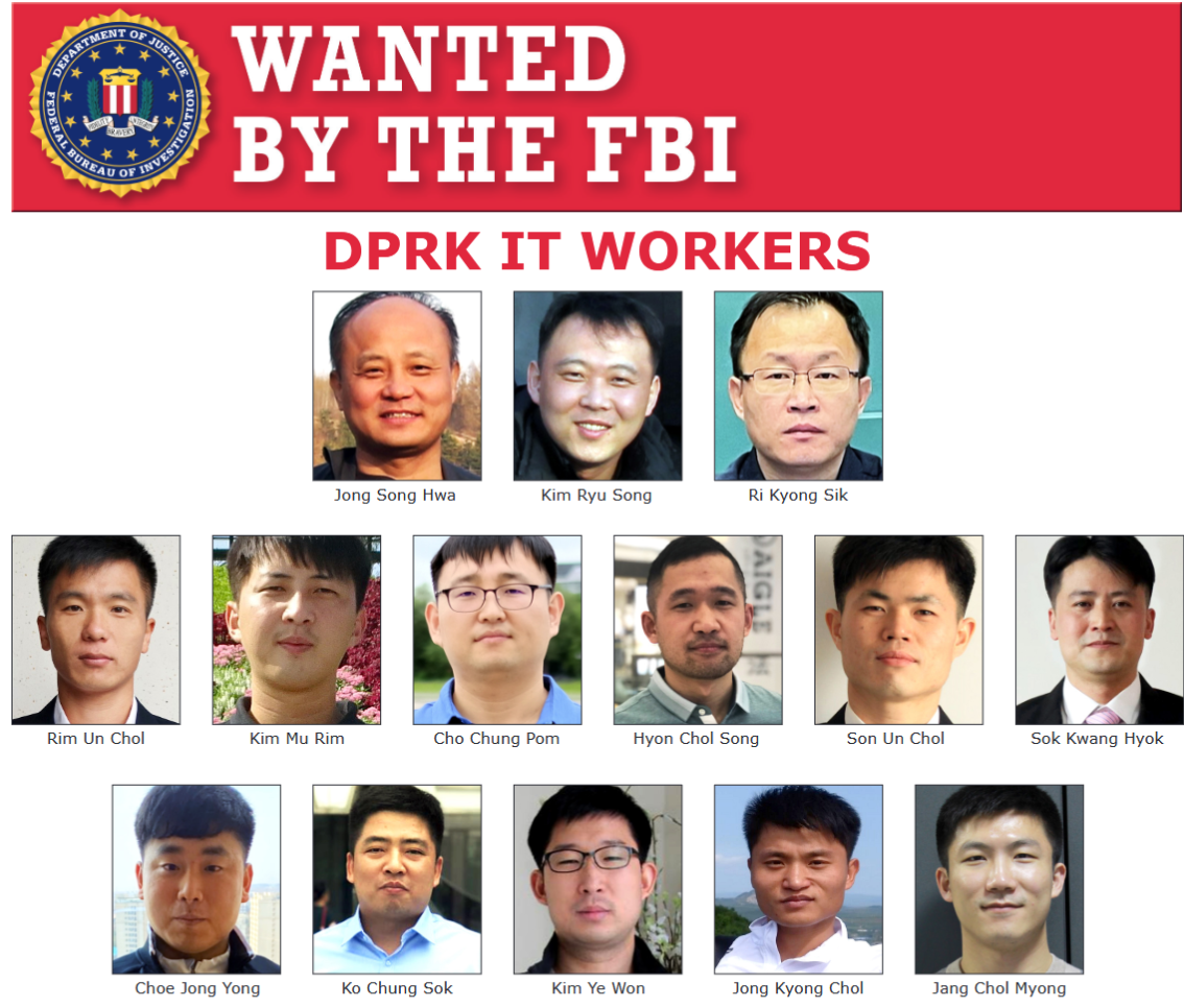 Wanted poster by the FBI featuring photos of multiple individuals labeled as 'DPRK IT Workers' with their names displayed beneath each photo.
