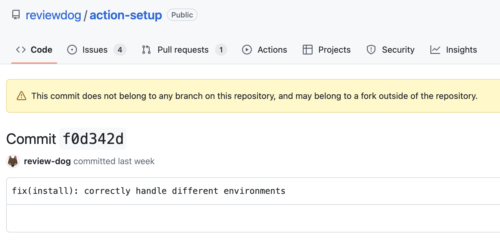 reviewdog/action-setup リポジトリへのコミットを示す GitHub インターフェースのスクリーンショット。
