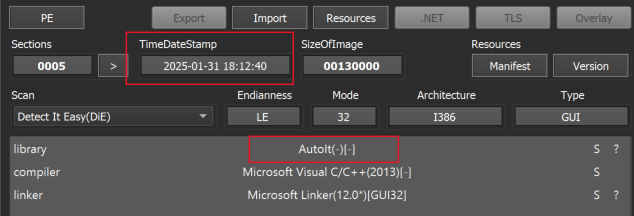 Screenshot of a software interface showing a highlighted section named "TimeDateStamp" with the value "2025-01-31 18:12:40". Additionally, the software identifies it as "Microsoft Visual C++(2013). AutoIt is also highlighted in red.