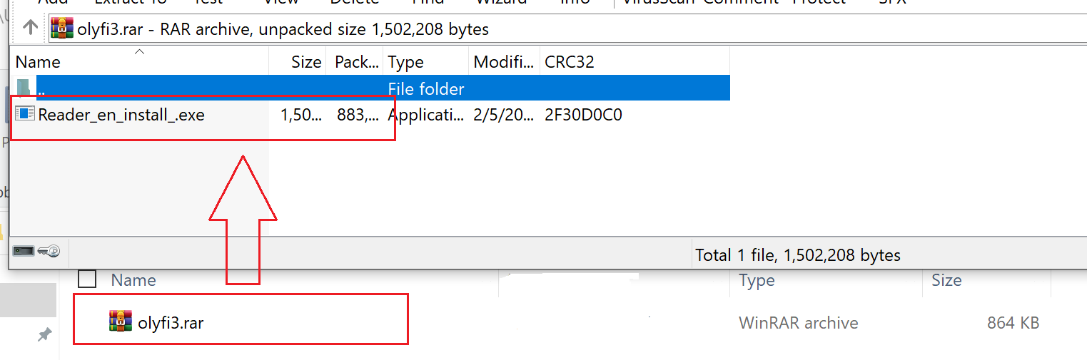 Screenshot of a computer interface showing a WinRAR archive manager with a file named "olyfl3.rar" highlighted and an executable file for Adobe Reader installation visible.
