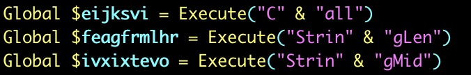 Image showing three lines of colorful programming code with global variables and function calls, written on a dark background.