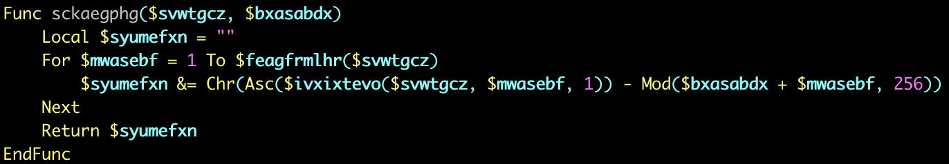 Screenshot of computer code written in a text editor, featuring a function, with obfuscation.
